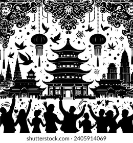 Seamless pattern with Chinese temple and people. Vector illustration. Illustration of a Chinese New Year background with people silhouettes.