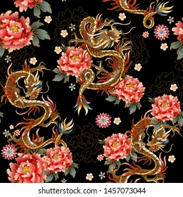 Seamless pattern with Chinese traditional dragon, peonies and sakura. vector.