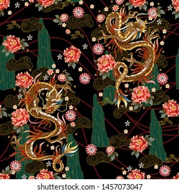 Seamless pattern of Chinese traditional dragon, peonies and sakura. vector.