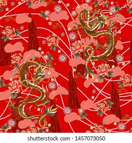 Seamless pattern with Chinese traditional dragon, peonies and sakura. vector.