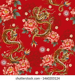 Seamless pattern with Chinese traditional dragon, peonies and sakura. vector.