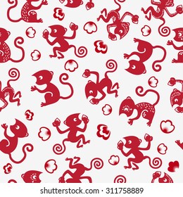 seamless pattern with Chinese traditional monkey as a symbol of the year 2016 red on white