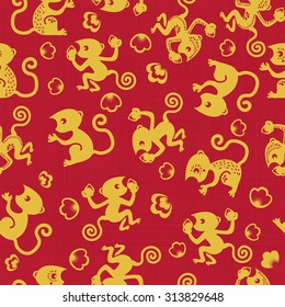 seamless pattern with Chinese traditional monkey as a symbol of the year 2016 yellow on red