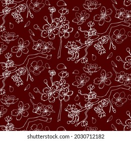 Seamless pattern with Chinese traditional sakura isolated on burgundy background. White line flowers.