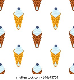 Seamless pattern of chinese waffles - yogurt, cream and blueberry. Tasty breakfast in restaurant. Made in cartoon flat style.