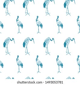 Seamless Pattern Chinoiserie Chic Blue and White Chinese Design Exotic Birds Cranes in Dragon Trees Monochrome Outline Drawing Old Fashion Retro Etching Illustration  Geometric Order