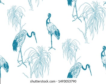 Seamless Pattern Chinoiserie Chic Blue and White Chinese Design Exotic Birds Cranes in Dragon Trees Monochrome Outline Drawing Old Fashion Retro Etching Illustration 