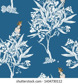 Seamless Pattern Chinoiserie Chic Chinese Blue and White Print Exotic Birds Cockatoo Parrots Oleander Blooming Trees Tropical Plants Flowers Garden summer Design Oriental Asian Illustration