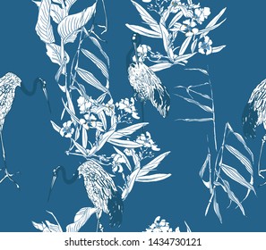 Seamless Pattern Chinoiserie Chic Chinese Blue and White Print Exotic Birds Chinese Cranes in Oleander Blooming Trees with Tropical Leaves Monochrome Design Oriental Asian Illustration Blue Background