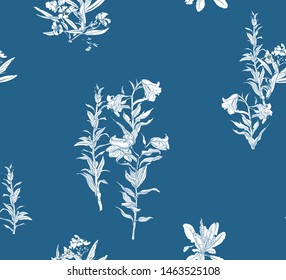 Seamless Pattern Chinoiserie Chic Chinese Blue and White Porcelain Print Garden Lily Flowers Summer Wild Field Isolated Elements Monochrome Design Oriental Asian Illustration on Blue Background