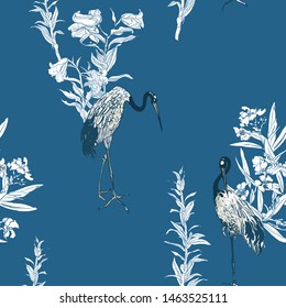 Seamless Pattern Chinoiserie Chic Chinese Blue and White Porcelain Print Exotic Birds Crane Lily Blooming Flowers Field Monochrome Design Oriental Asian Illustration Hand Drawn on Blue Background