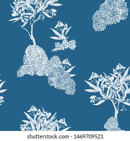 Seamless Pattern Chinoiserie Chic Chinese Blue and White Print Blooming Oleander Floral Trees Islands Monochrome Design Oriental Chinese Vintage Asian Illustration One Color on Blue Background Outline