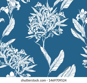 Seamless Pattern Chinoiserie Chic Chinese Blue and White Print Blooming Oleander Floral Trees Monochrome Design Oriental Chinese Vintage Asian Illustration One Color on Blue Background