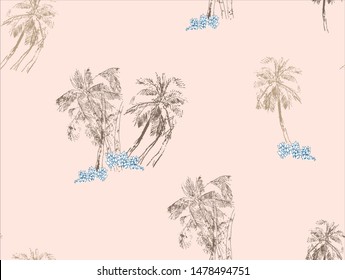 Seamless Pattern Chinoiserie Chic Chinese Nude Colors Print Palm Trees in Jungle Islands Tropical Monochrome Design Oriental Asian Illustration One Color on Beige Background