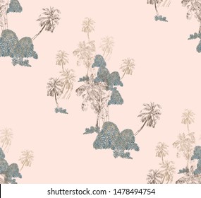 Seamless Pattern Chinoiserie Chic Chinese Art Beige Colors Hand Drawn Print Exotic Palm Trees in Jungle Islands in the Sea Tropical Monochrome Design Oriental Asian Illustration 