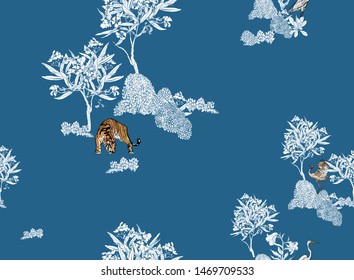 Seamless Pattern Chinoiserie Chinese Blue and White Print Tiger and Exotic Birds Cranes on Island Floral Oleander Trees Monochrome Design Oriental Asian Illustration One Color on Blue Background