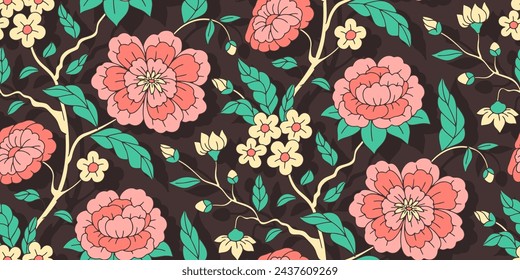 Seamless pattern with chinoiserie hand drawn motifs. Floral wallpaper with chinese style ornament.