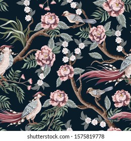 Seamless pattern in chinoiserie style with herons, birds and peonies. Vector,