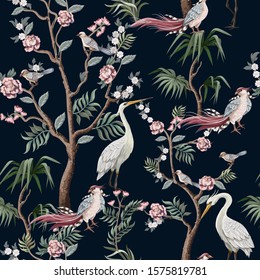 Seamless pattern in chinoiserie style with herons, birds and peonies. Vector,