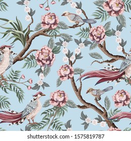 Seamless pattern in chinoiserie style with herons, birds and peonies. Vector,