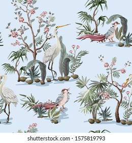 Seamless pattern in chinoiserie style with herons, birds and peonies. Vector,