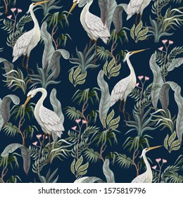 Seamless pattern in chinoiserie style with herons, birds and peonies. Vector,