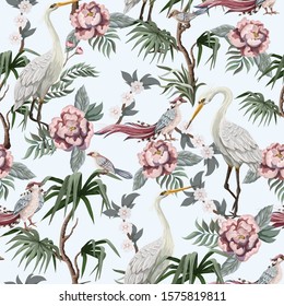 Seamless pattern in chinoiserie style with herons, birds and peonies. Vector,