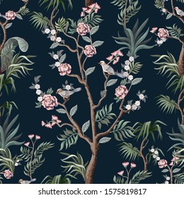 Seamless pattern in chinoiserie style with herons, birds and peonies. Vector,