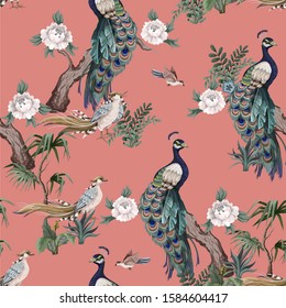 Seamless pattern in chinoiserie style with herons, peacock, birds and peonies. Vector,