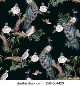 Seamless pattern in chinoiserie style with herons, peacock, birds and peonies. Vector,