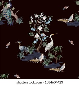 Seamless pattern in chinoiserie style with herons, peacock, birds and peonies. Vector,