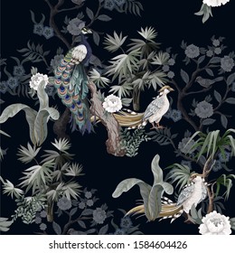 Seamless pattern in chinoiserie style with herons, peacock, birds and peonies. Vector,