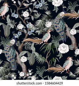 Seamless pattern in chinoiserie style with herons, peacock, birds and peonies. Vector,