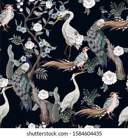 Seamless pattern in chinoiserie style with herons, peacock, birds and peonies. Vector,