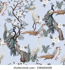 Seamless pattern in chinoiserie style with herons, peacock, birds and peonies. Vector,