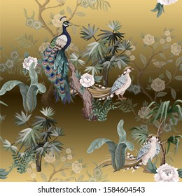 Seamless pattern in chinoiserie style with herons, peacock, birds and peonies. Vector,