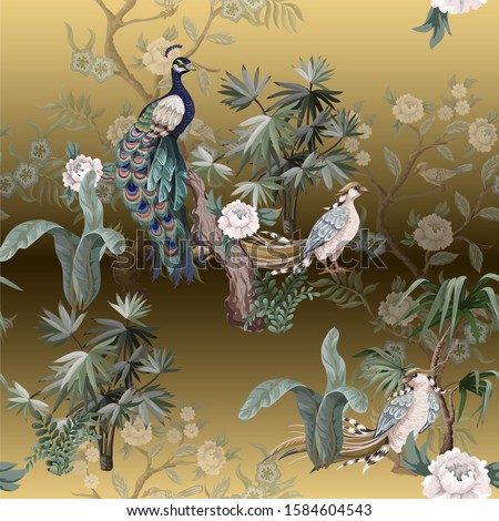 Seamless pattern in chinoiserie style with herons, peacock, birds and peonies. Vector,
