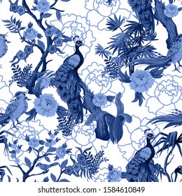 Seamless pattern in chinoiserie style with  peacock, birds and peonies in blue color. Vector,