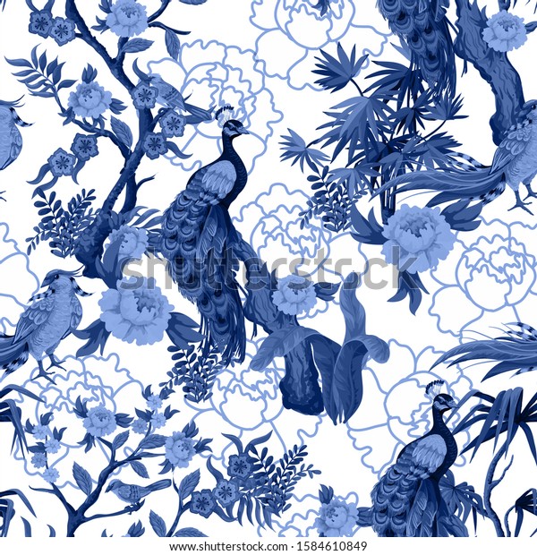 Seamless pattern in chinoiserie style with peacock, birds and peonies in blue color. Vector,