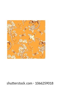 Seamless pattern in the chinoiserie style with peonies, dragonfly and bird on orange background for wedding, scrapbooking, wallpaper and other design.