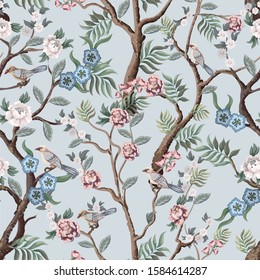 Seamless pattern in chinoiserie style with peonies trees and birds . Vector,