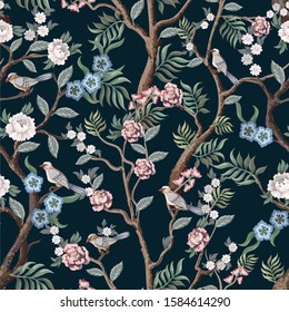 Seamless pattern in chinoiserie style with peonies trees and birds . Vector,