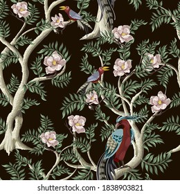 Seamless pattern in chinoiserie style with peonies and birds. Vector interior print.
