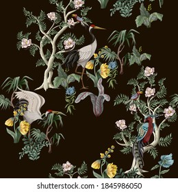 Seamless pattern in chinoiserie style with peonies and birds. Vector interior print