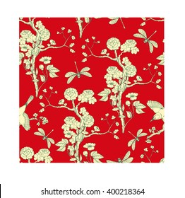 Seamless pattern in the chinoiserie style with peonies, dragonfly and bird on red background for wedding, scrapbooking, wallpaper and other design.