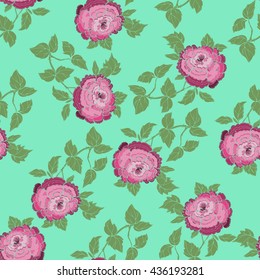 Seamless pattern in the chinoiserie style with peonies, on green  background for wedding, scrapbooking, wallpaper and other design.  Chinese Peony.