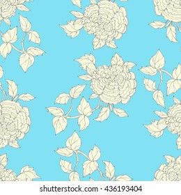 Seamless pattern in the chinoiserie style with peonies, on blue  background for wedding, scrapbooking, wallpaper and other design.  Chines Peony.
