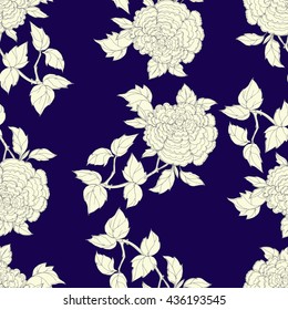 Seamless pattern in the chinoiserie style with peonies, on blue  background for wedding, scrapbooking, wallpaper and other design.  Chinese Peony.