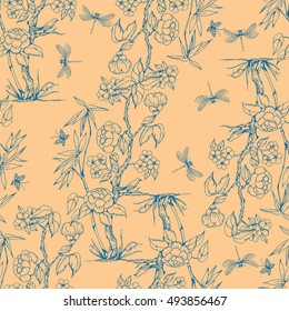 Seamless pattern in the chinoiserie style with peonies, dragonfly and bird for wedding, scrapbooking, wallpaper and other design.