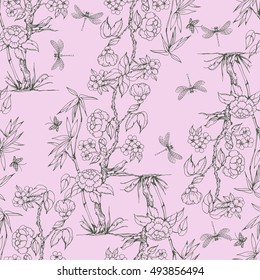 Seamless pattern in the chinoiserie style with peonies, dragonfly and bird on pink background for wedding, scrapbooking, wallpaper and other design.